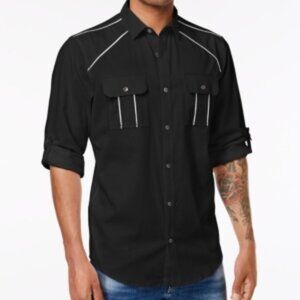 INC Men S Piped Cotton Shirt Deep Black or White Pure-Small (Black) New With Tag